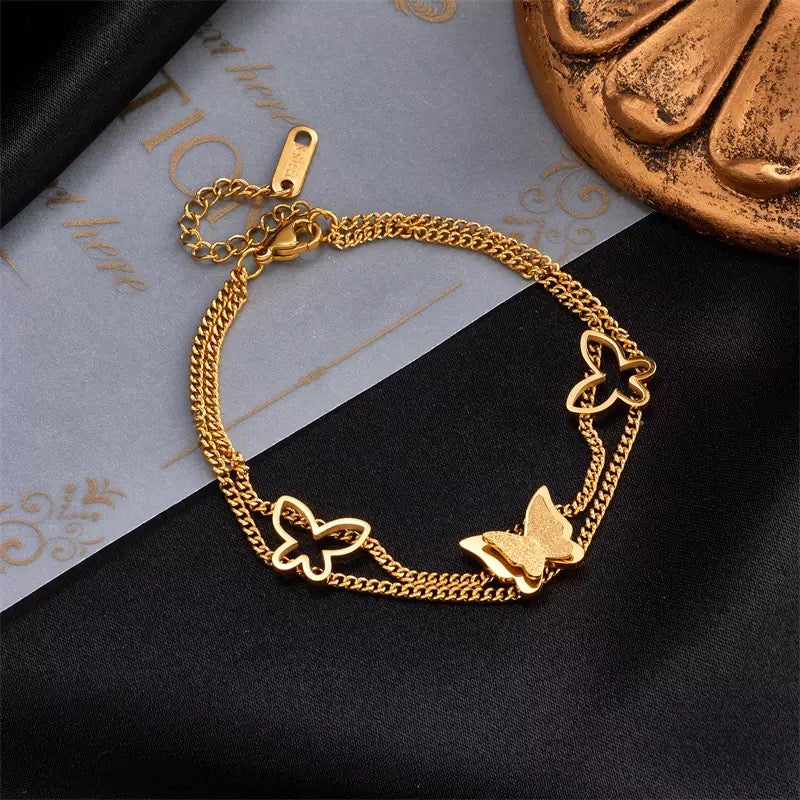 Double Layer Butterfly Charm Stainless Steel Bracelet