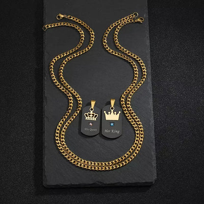 His Queen Her King Figaro Gold & Black Dog Tag Couples Necklace Set