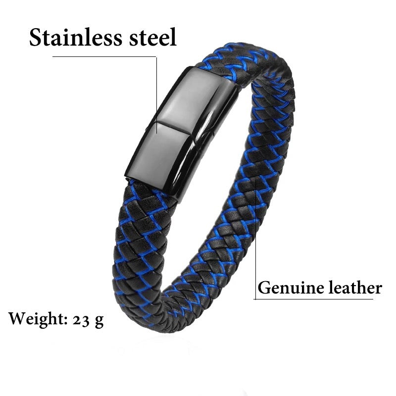 Black & Blue Leather Braided Cuff Bracelet