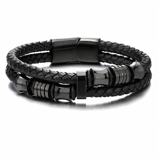 Black Leather Braided Cuff Bracelet (#BXXG1331)