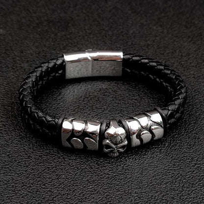 Bohemian Skull Stainless Steel Braided Leather Bracelet