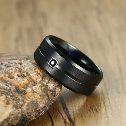 Matte Black Beveled Edge Inlaid Cubic Zirconia Stainless Steel Ring