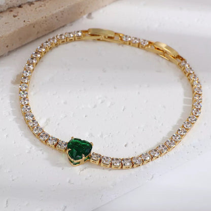 Flashbuy Luxury Green Heart Gold Zircon Stainless Steel Tennis Bracelet