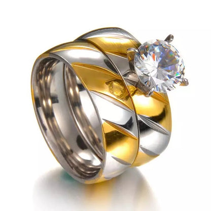 Silver & Gold Streak Stainless Steel Couples Ring Set