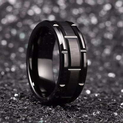 Black Brick Patterned Groove Stainless Steel Ring