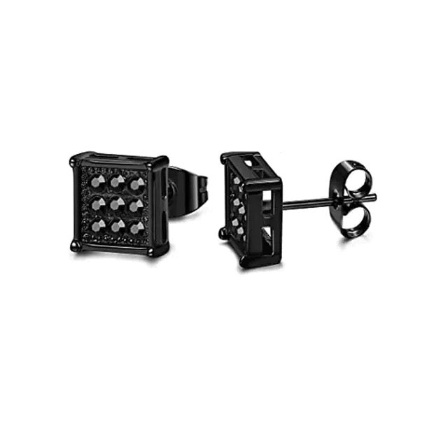 Unisex Black Square Stud Cubic Zirconia Stainless Steel Earrings