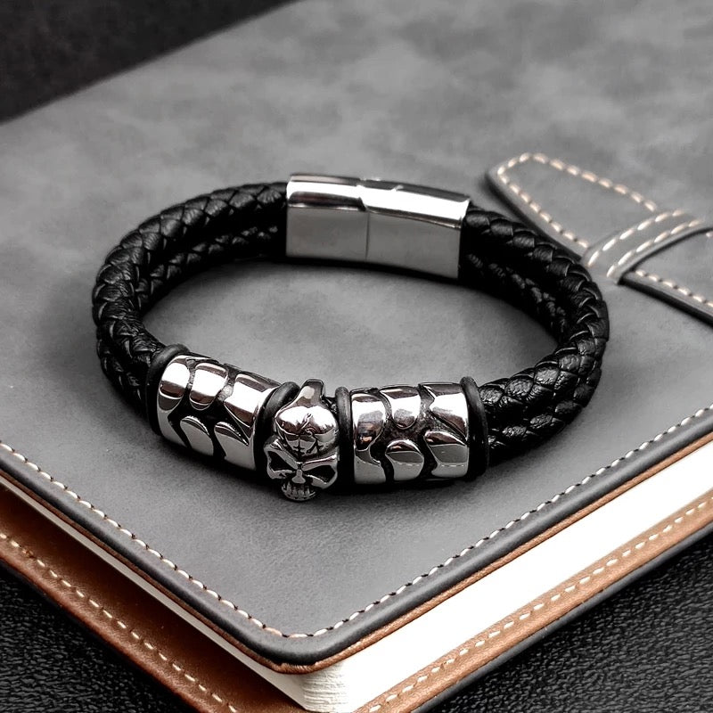 Bohemian Skull Stainless Steel Braided Leather Bracelet