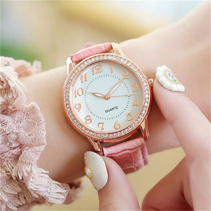 Crystal Leather Band Quartz Stainless Steel Watch for Women