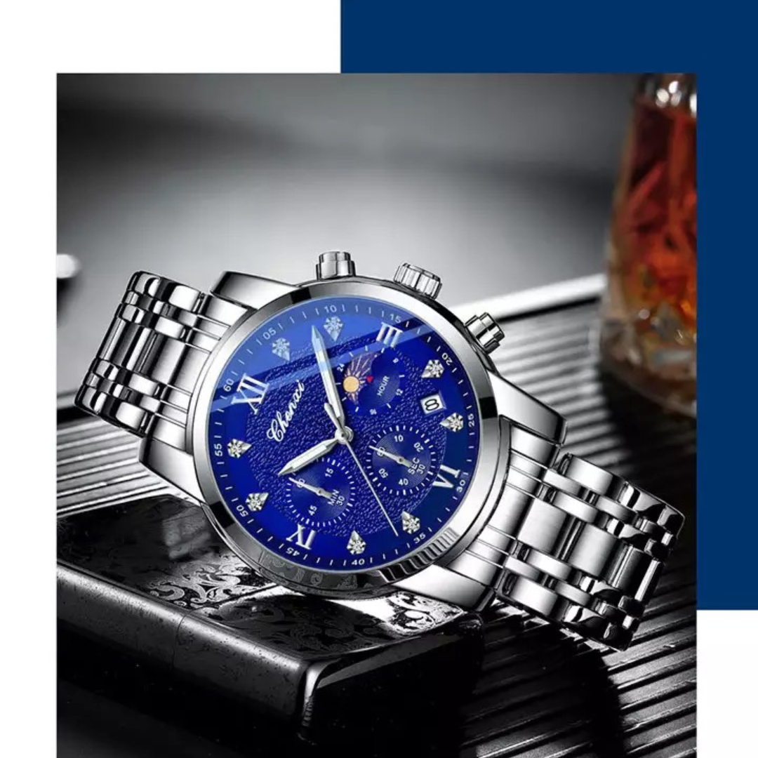 CHENXI Silver & Blue Luxury Sports Stainless Steel Watch for Men