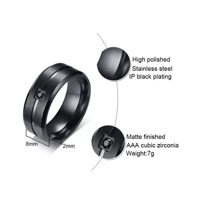 Matte Black Beveled Edge Inlaid Cubic Zirconia Stainless Steel Ring