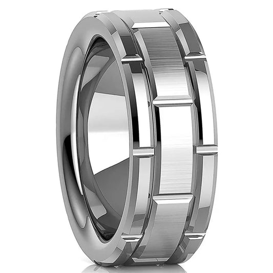 Silver Brick Patterned Groove Stainless Steel Ring