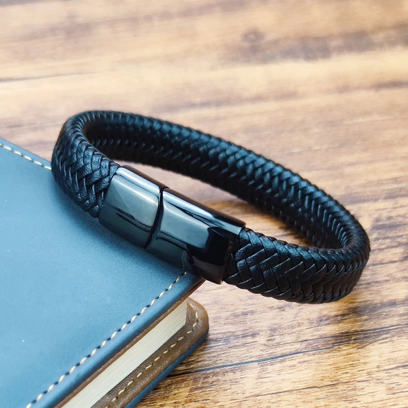 Black Leather Braided Cuff Bracelet