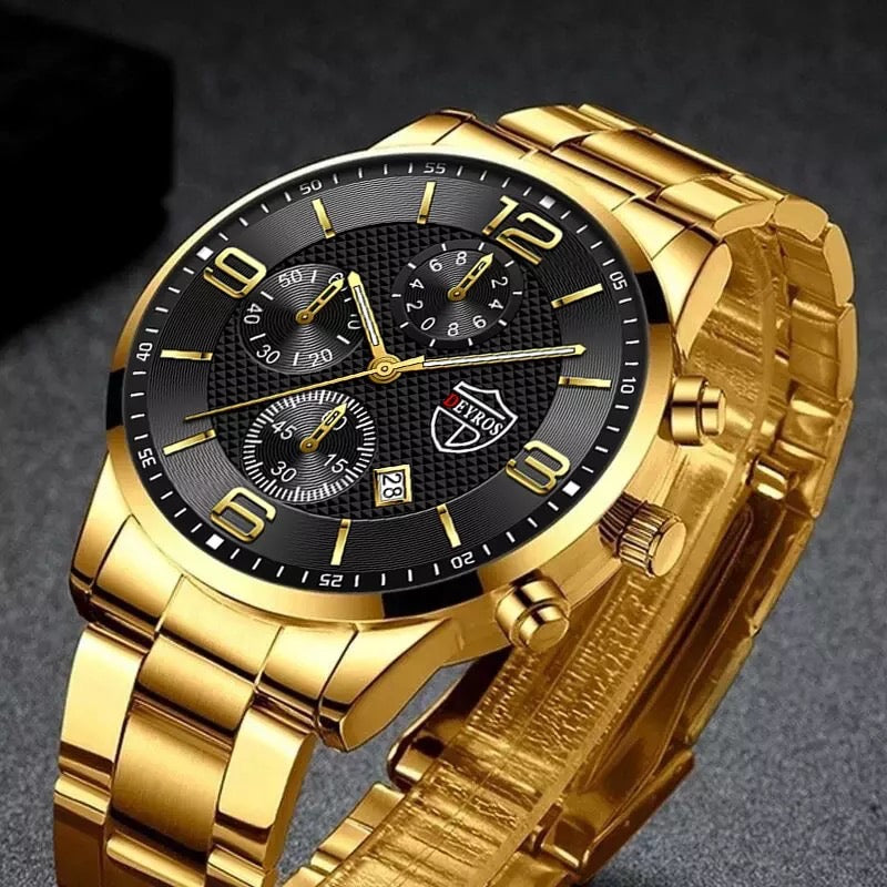 DIJANES Gold Luminous Clock Stainless Steel Watch for Men