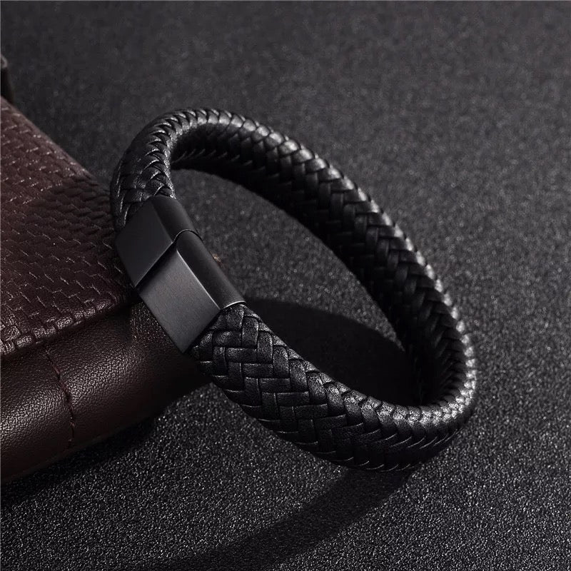 Black Leather Braided Cuff Bracelet