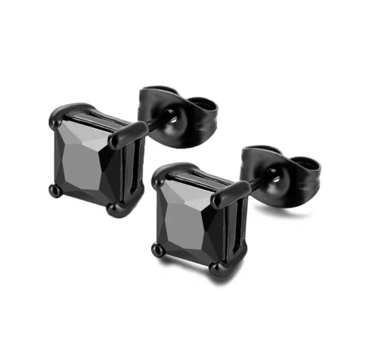 Unisex 6MM Black Square Inlaid Stud Stainless Steel Earrings