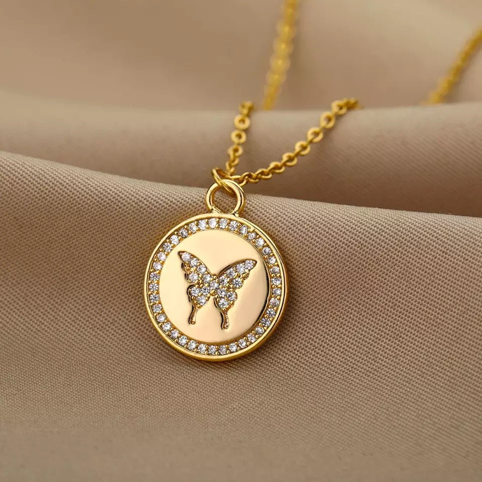 Round Zirconia Butterfly Stainless Steel Necklace