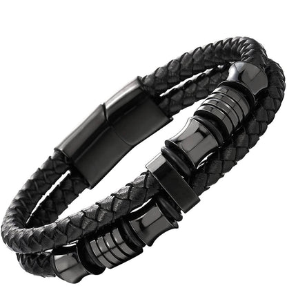 Black Leather Braided Cuff Bracelet (#BXXG1331)