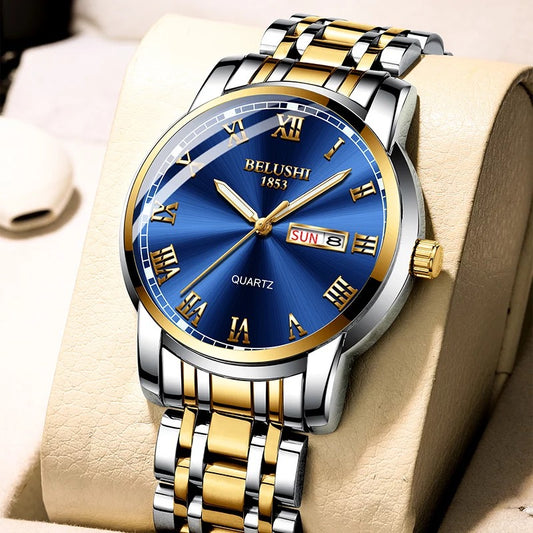 BELUSHI Silver, Gold & Blue Luxury Sports Stainless Steel Watch for Men