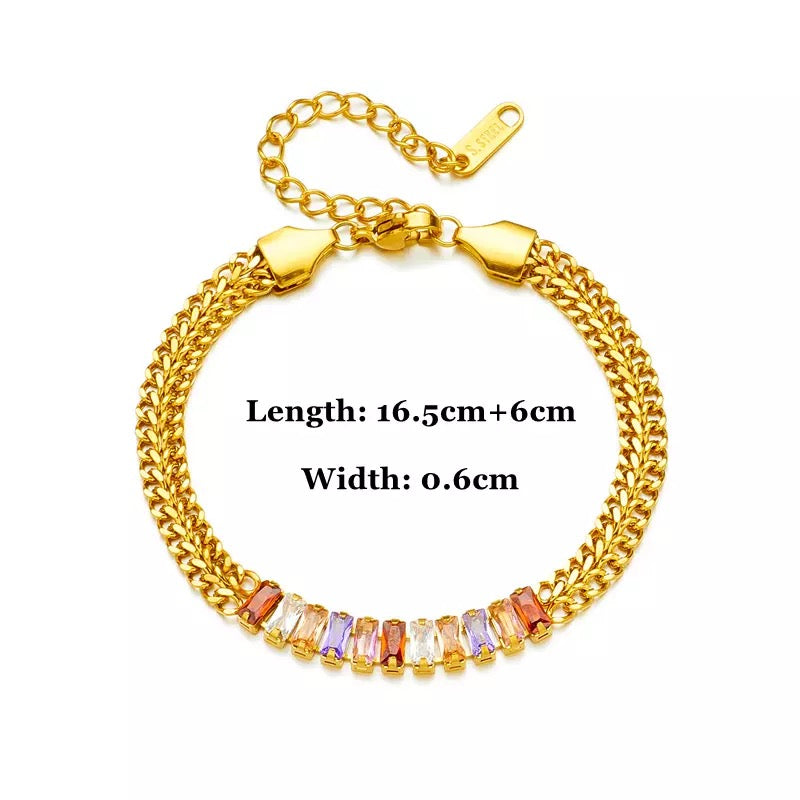 Zircon Colorful Crystal Charm Thick Chain Stainless Steel Bracelet