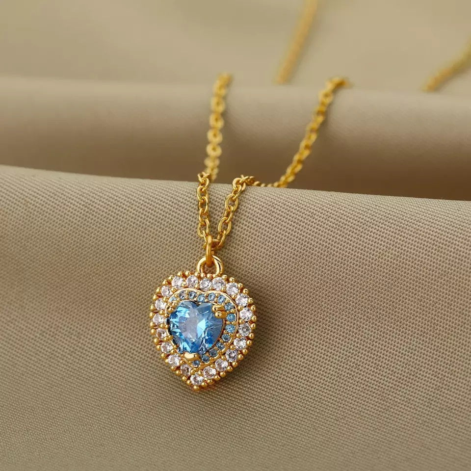 Blue Zircon Heart Stainless Steel Necklace