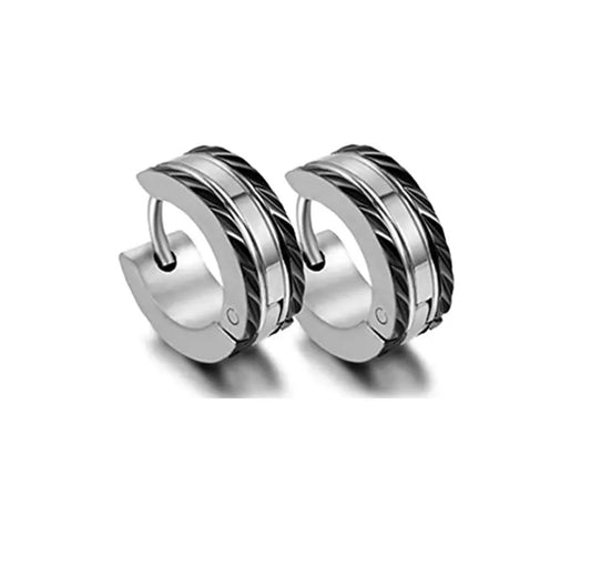 Unisex 4MM Silver & Black Outer-Streak Huggie Stainless Steel Earrings