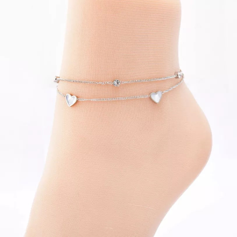 Zircon Love Hearts Double Layer Stainless Steel Anklet