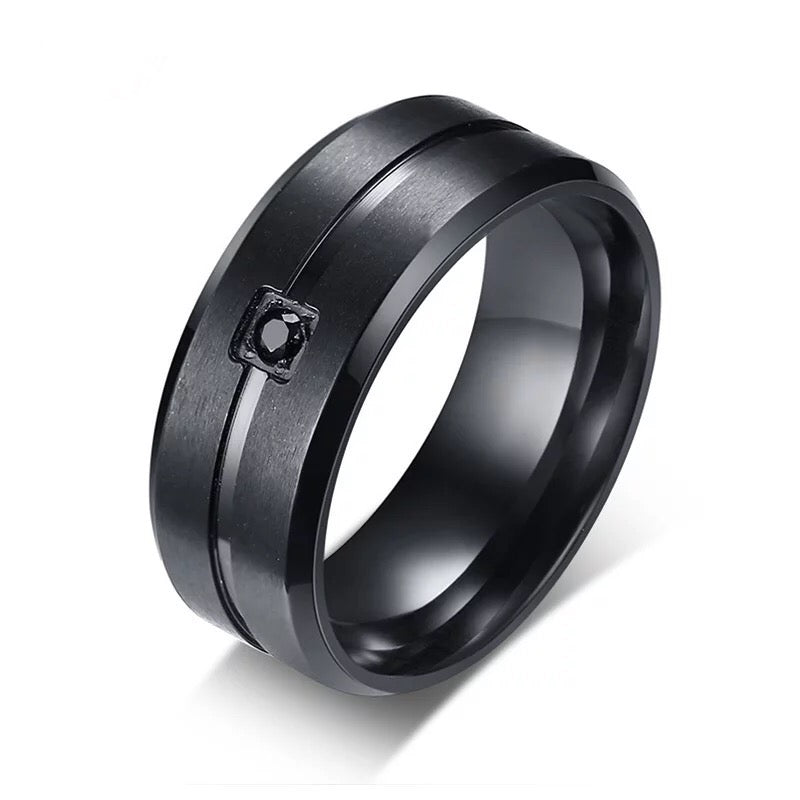 Matte Black Beveled Edge Inlaid Cubic Zirconia Stainless Steel Ring