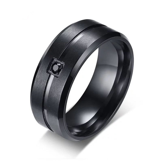 Matte Black Beveled Edge Inlaid Cubic Zirconia Stainless Steel Ring