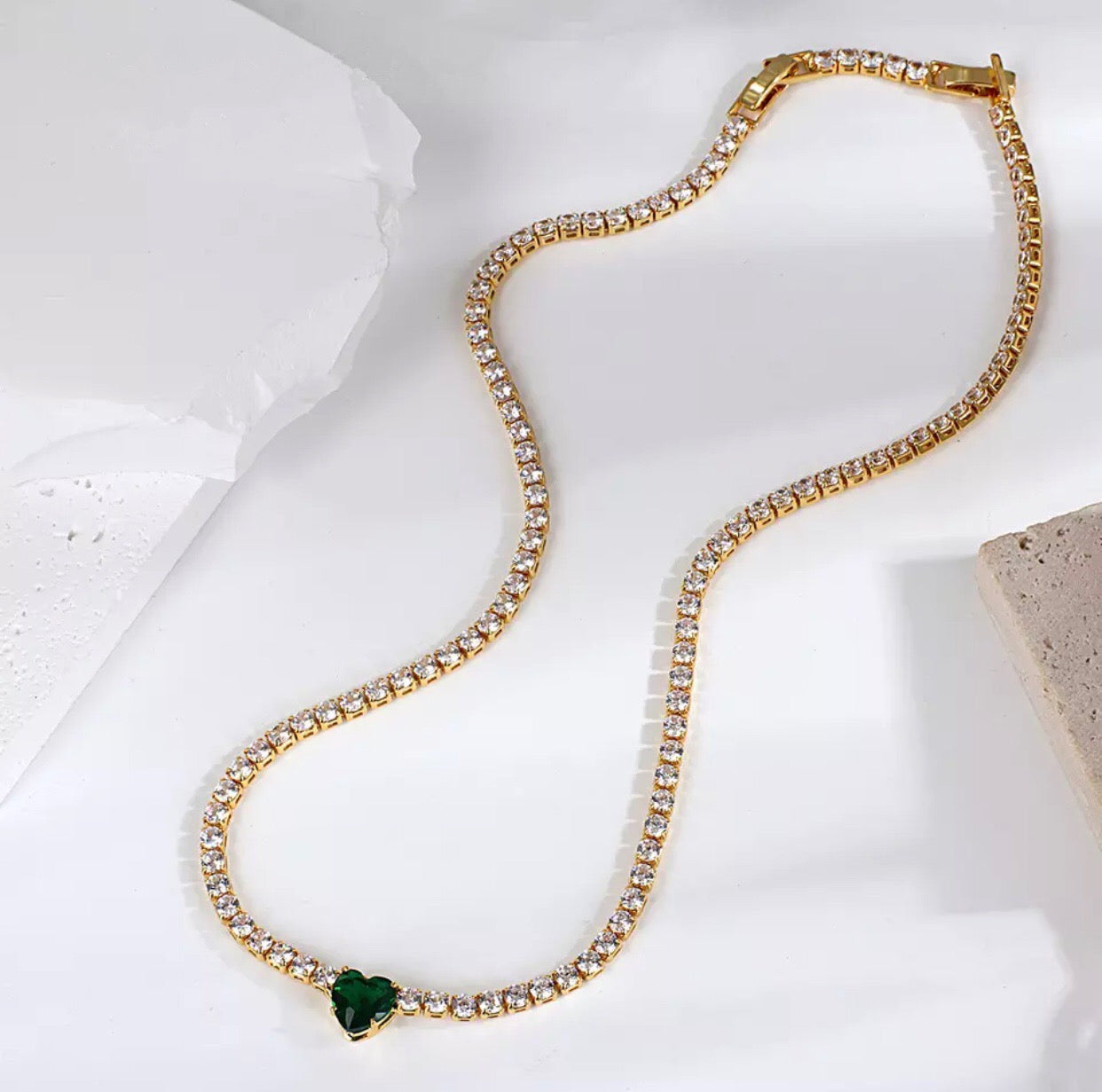 Flashbuy Luxury Green Heart Gold Zircon Stainless Steel Tennis Necklace