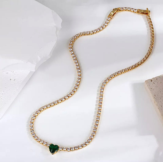 Flashbuy Luxury Green Heart Gold Zircon Stainless Steel Tennis Necklace