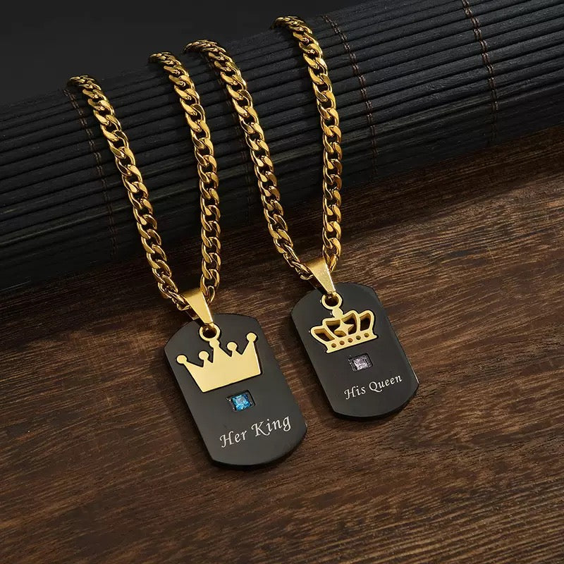 His Queen Her King Figaro Gold & Black Dog Tag Couples Necklace Set