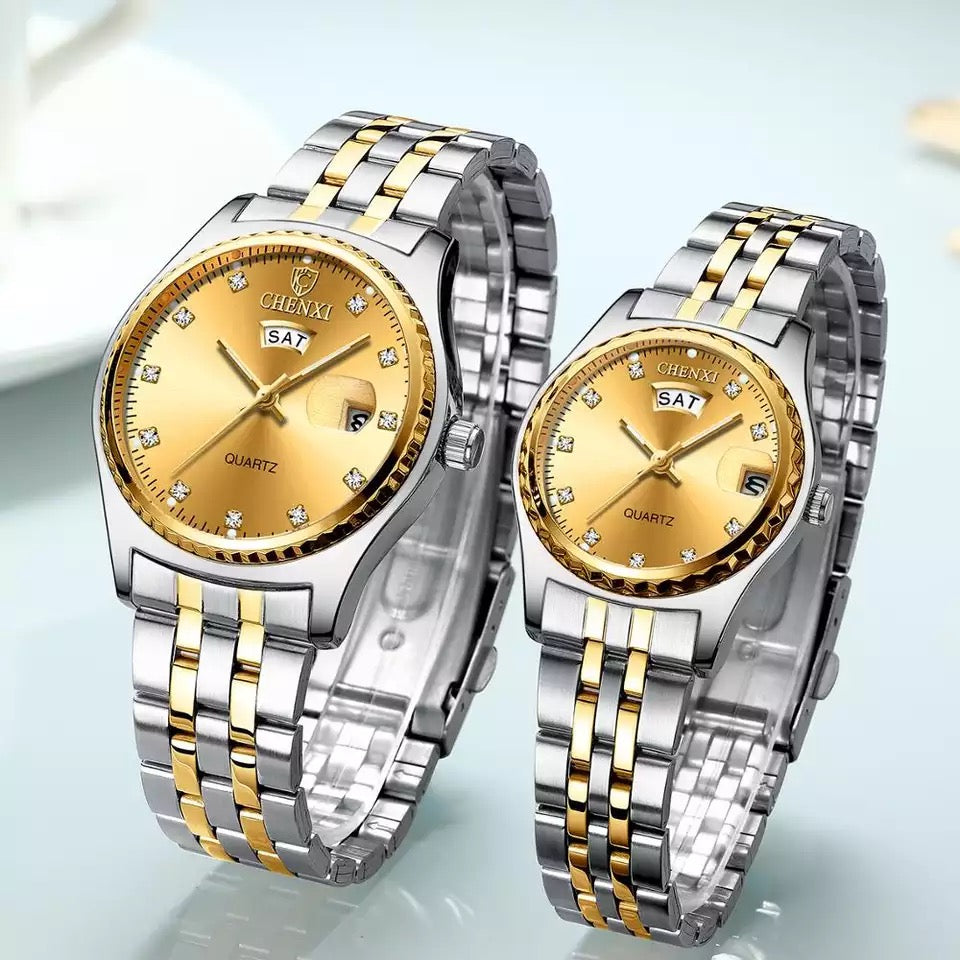 CHENXI Silver Golden 2pcs Lovers Watch Set for Couples