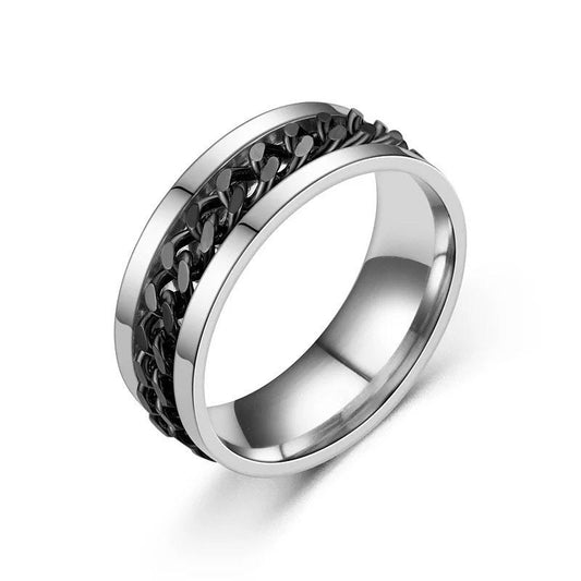Silver with Black Chain Spinner Stainless Steel Ring