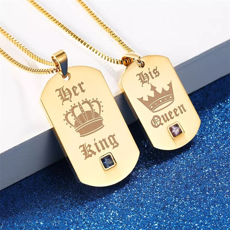 His Queen Her King Gold Dog Tag Couples Necklace Set