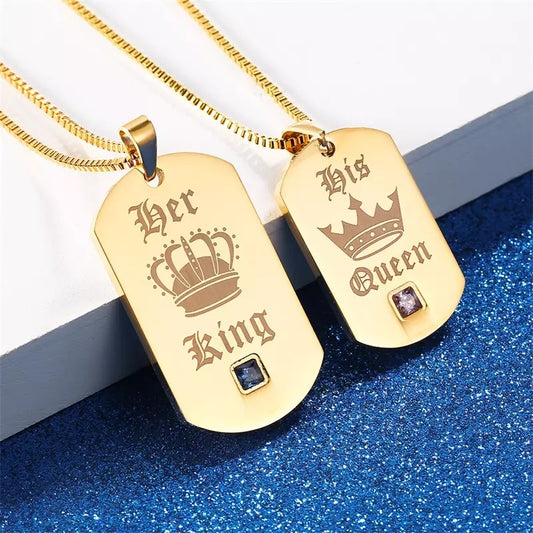 His Queen Her King Gold Dog Tag Couples Necklace Set