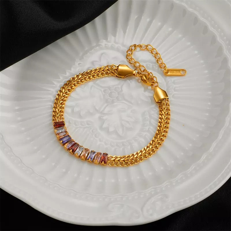 Zircon Colorful Crystal Charm Thick Chain Stainless Steel Bracelet