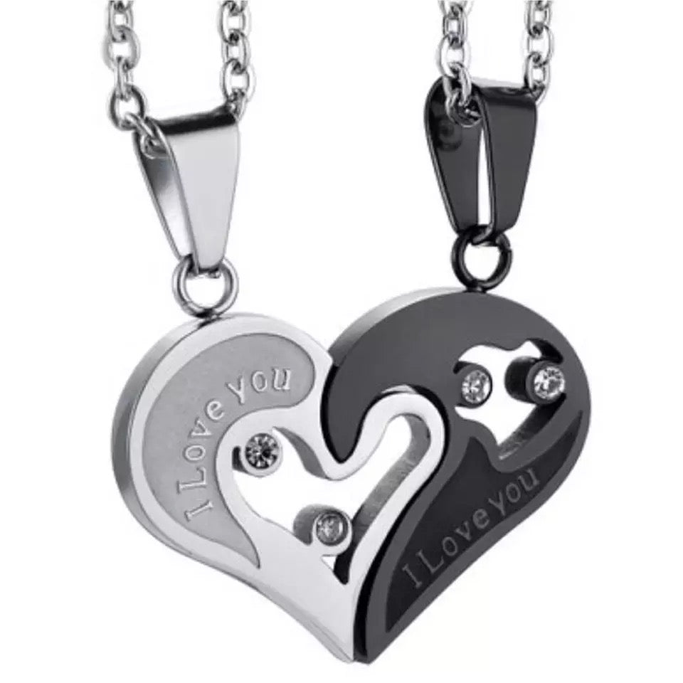 Silver & Black Spliced Heart Couples Stainless Steel Necklace Set