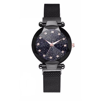 Black Magnetic Galaxy Quartz Stainless Steel Watch for Women