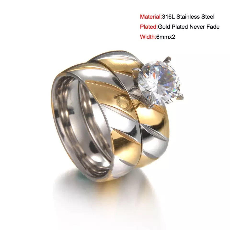 Silver & Gold Streak Stainless Steel Couples Ring Set