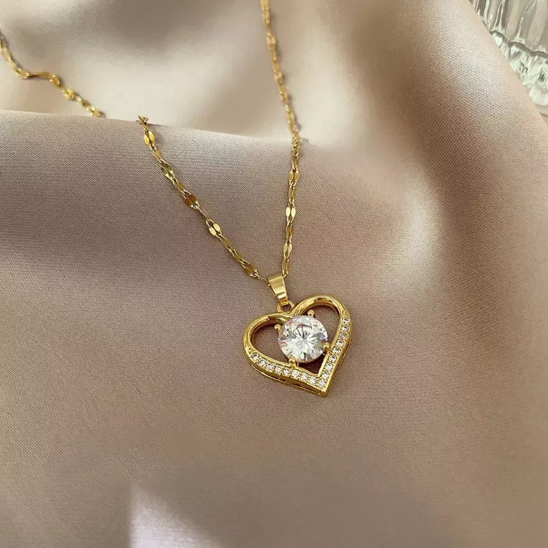 Zircon Crystal Heart Stainless Steel Necklace