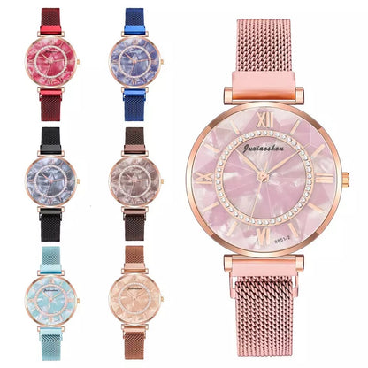 Rhinestone Marble Dial Stainless Steel Watch for Women