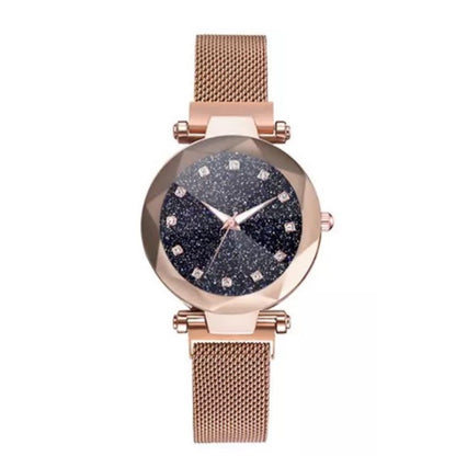 Gold Magnetic Galaxy Quartz Stainless Steel Watch for Women