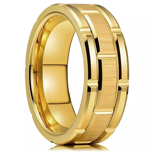 Gold Brick Patterned Groove Stainless Steel Ring