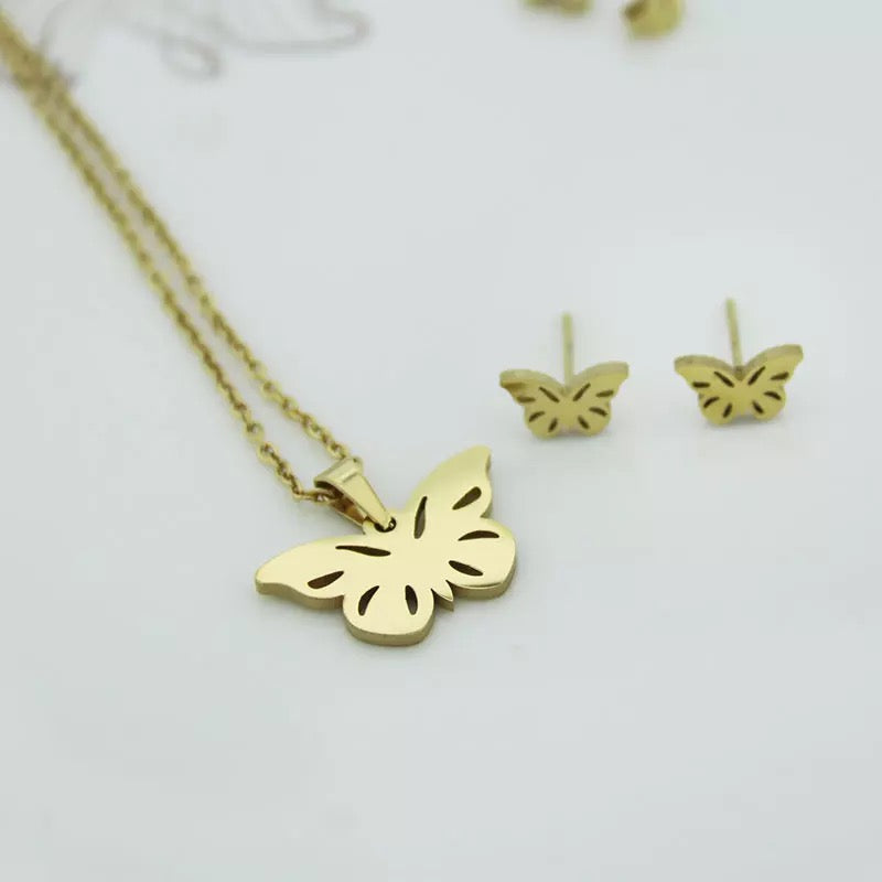 Stainless Steel Gold Necklace Set (Butterfly #G1)