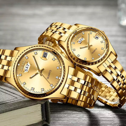 CHENXI Golden 2pcs Lovers Watch Set for Couples