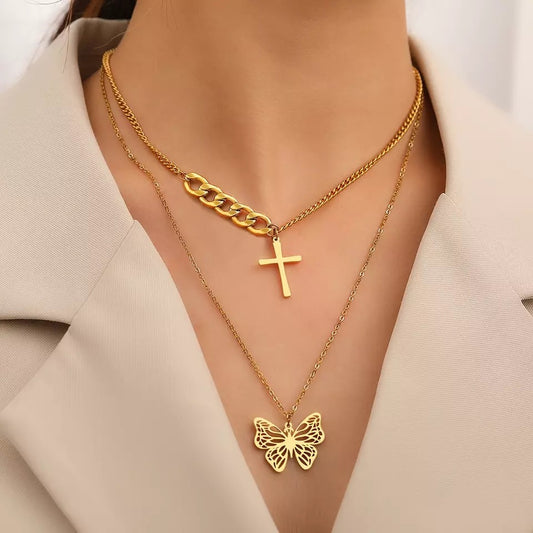 Vintage Butterfly-Cross Gold Double Layer Stainless Steel Necklace