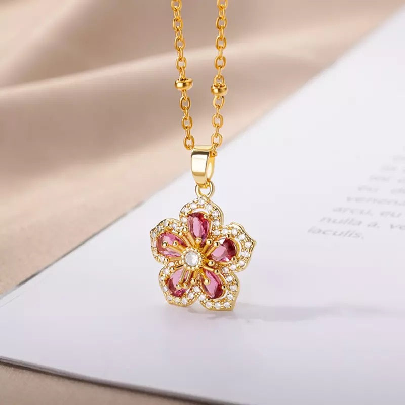 Pink Zircon Flower Stainless Steel Necklace