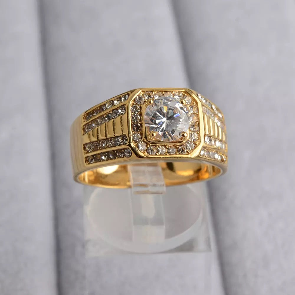 Gold Cubic Zirconia Stainless Steel Ring for Men