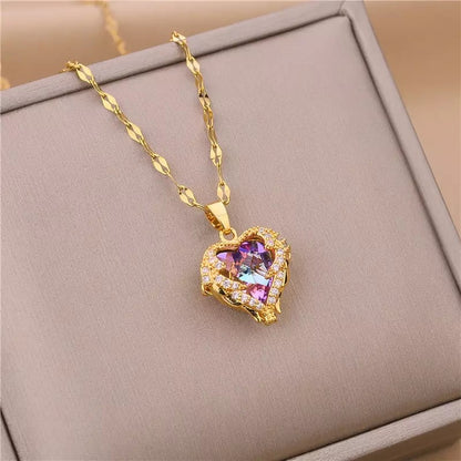 Crystal Heart Amethyst Zircon Stainless Steel Necklace