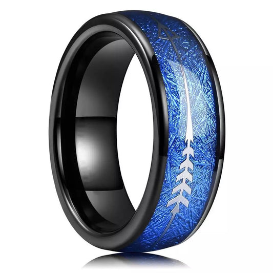 Blue Patterned Inlaid Arrow Black Stainless Steel Ring